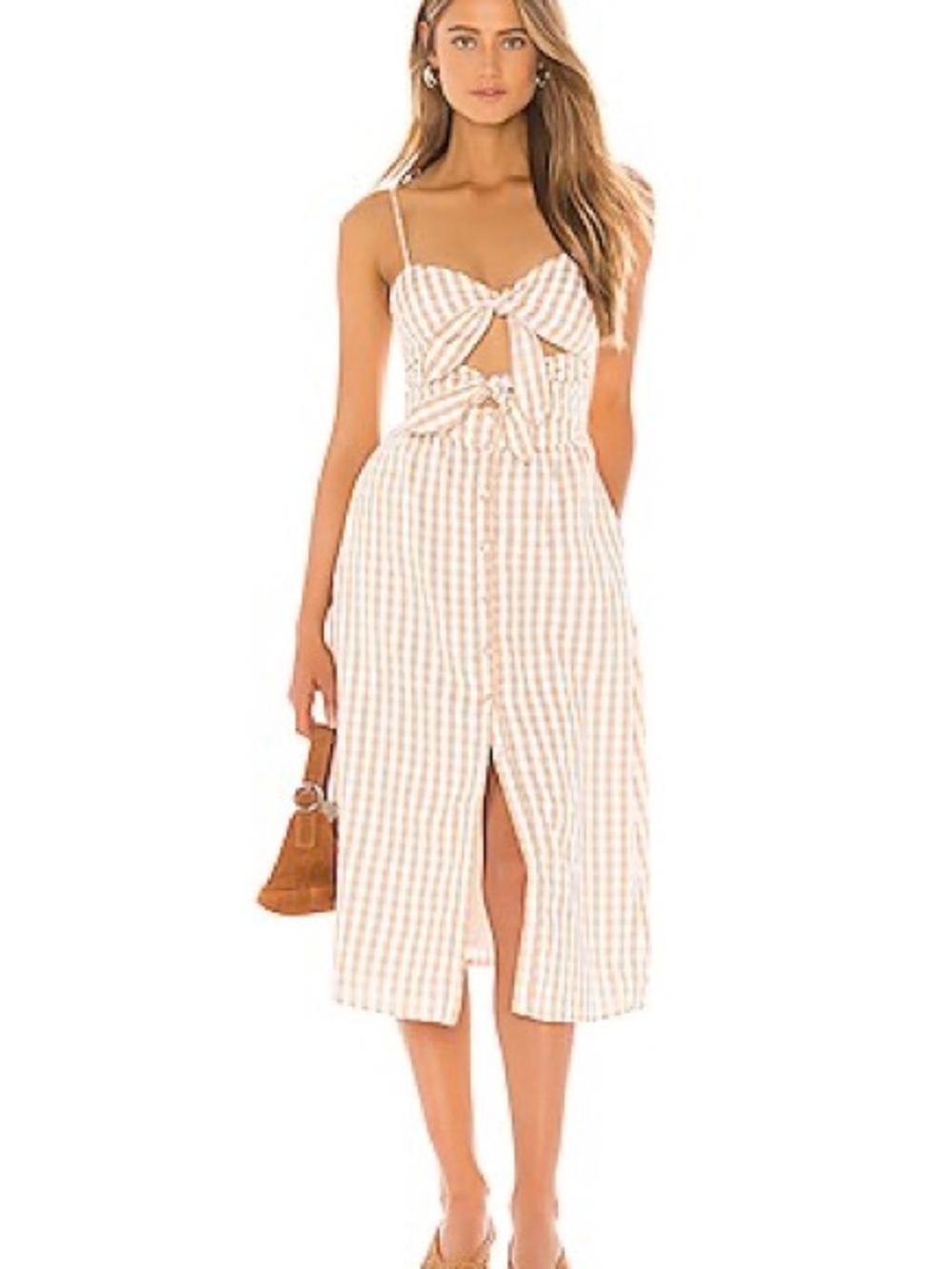 MAJORELLE Joel Midi Dress M Gold Check Gingham Cutout Tie Front Revolve